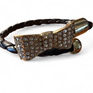 Nena Fashion Black, Braided Faux Leather Bow Rhinestone Bracelet New without Tag
